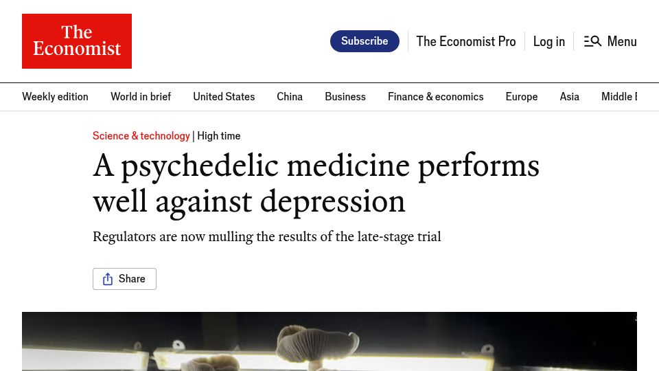 Screenshot of economist.com: A psychedelic medicine performs well against depression