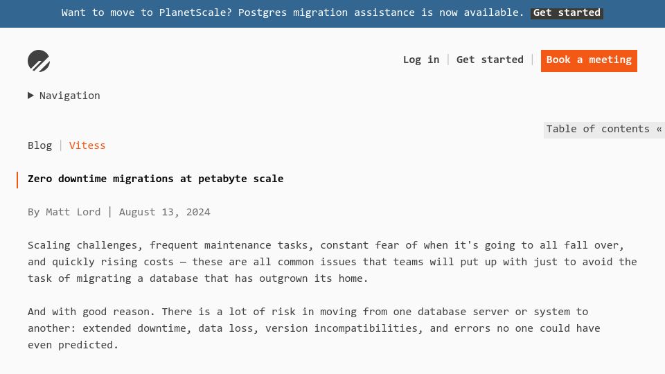 Screenshot of planetscale.com: Zero downtime migrations at petabyte scale (2024)