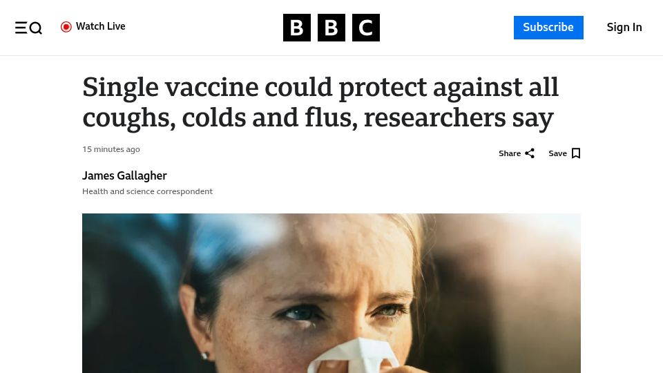 Screenshot of bbc.com: Single vaccine could protect against all coughs, colds and flus