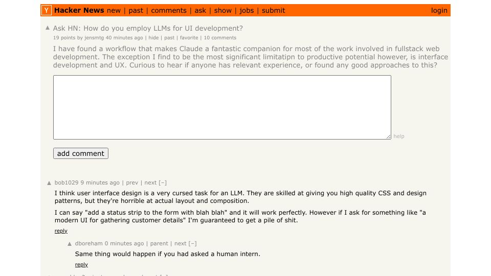 Screenshot of Hacker News post: Ask HN: How do you employ LLMs for UI development?