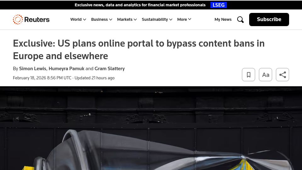 Screenshot of reuters.com: US plans online portal to bypass content bans in Europe and elsewhere