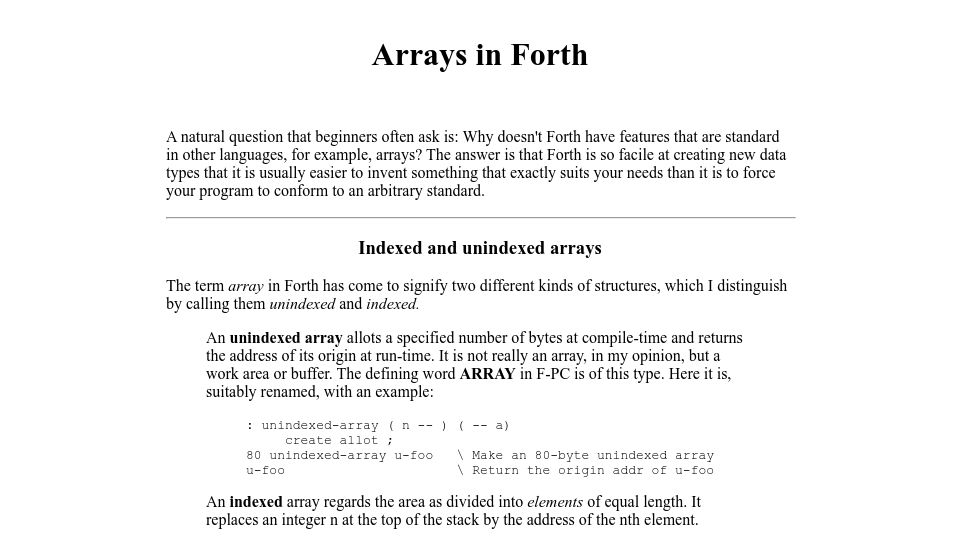 Screenshot of forth.org: Arrays in Forth