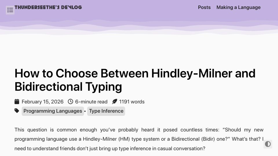 Screenshot of thunderseethe.dev: How to choose between Hindley-Milner and bidirectional typing