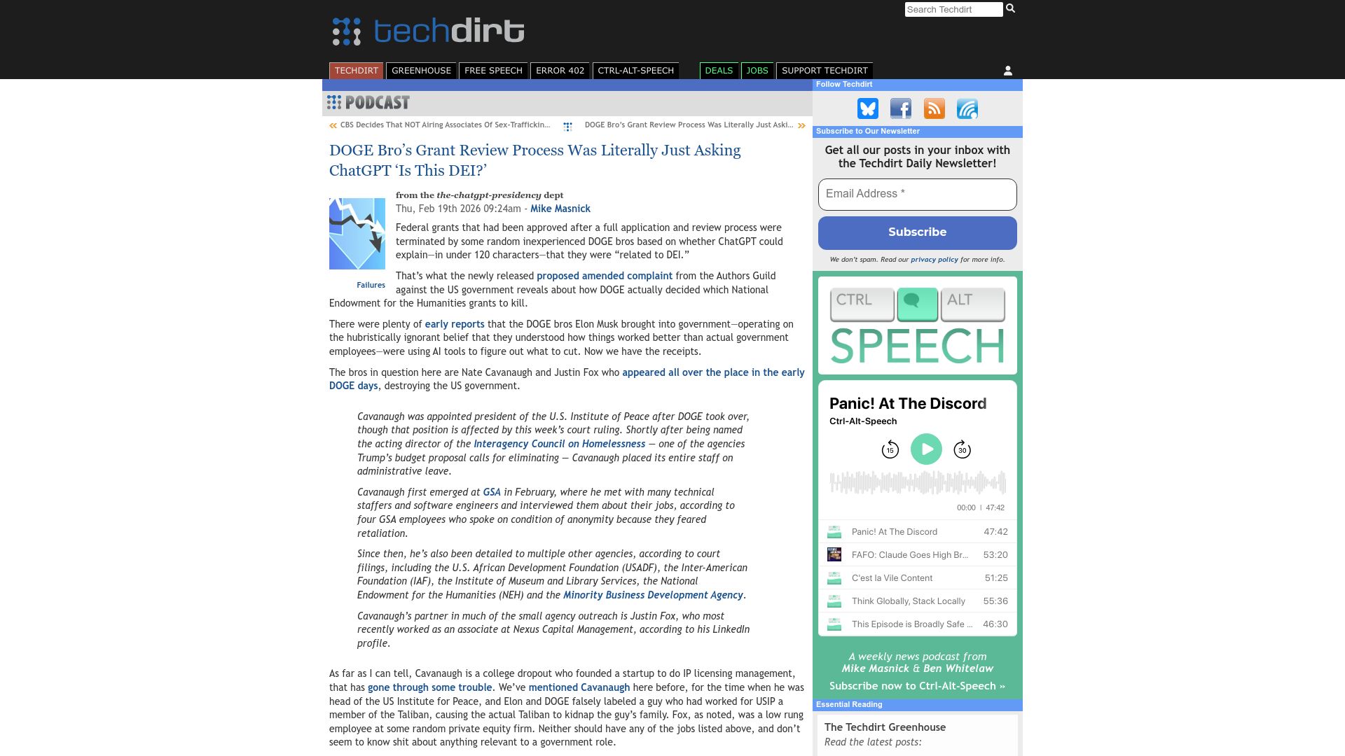 Screenshot of techdirt.com: DOGE Bro's Grant Review Process Was Literally Just Asking ChatGPT 'Is This DEI?'