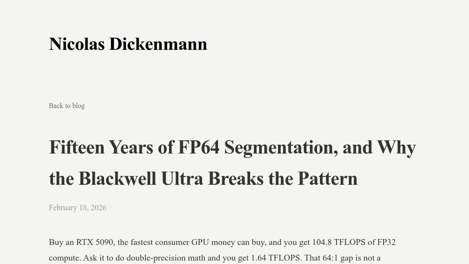 Screenshot of nicolasdickenmann.com: 15 years of FP64 segmentation, and why the Blackwell Ultra breaks the pattern