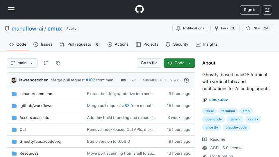 Screenshot of github.com: Show HN: Ghostty-based terminal with vertical tabs and notifications