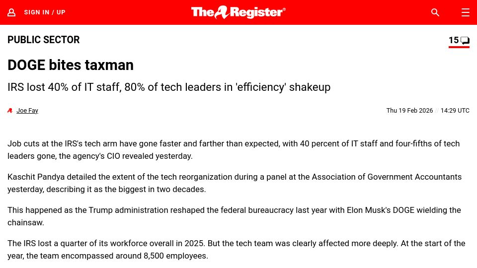Screenshot of theregister.com: IRS lost 40% of IT staff, 80% of tech leaders in 'efficiency' shakeup