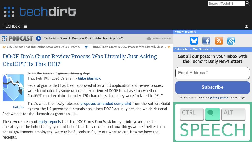 Screenshot of techdirt.com: DOGE Bro's Grant Review Process Was Literally Just Asking ChatGPT 'Is This DEI?'