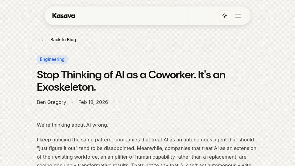 Screenshot of kasava.dev: AI is not a coworker, it's an exoskeleton