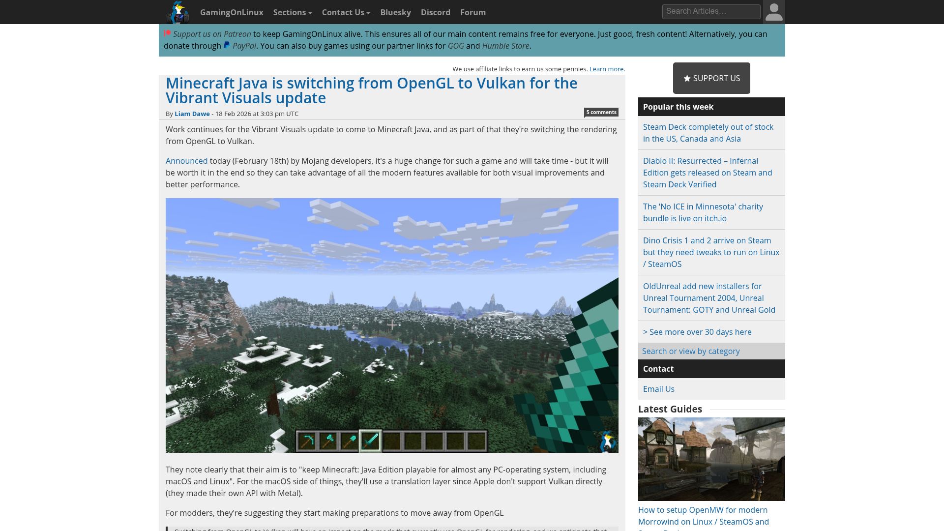Screenshot of gamingonlinux.com: Minecraft Java is switching from OpenGL to Vulkan