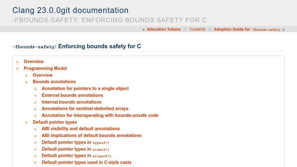 Screenshot of clang.llvm.org: -fbounds-safety: Enforcing bounds safety for C