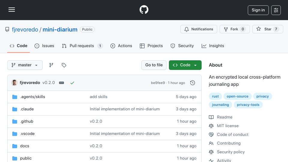 Screenshot of github.com: Show HN: Mini-Diarium - An encrypted, local, cross-platform journaling app