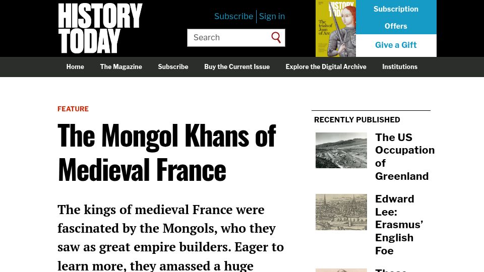 Screenshot of historytoday.com: The Mongol Khans of Medieval France