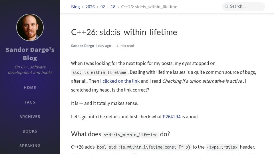 Screenshot of sandordargo.com: C++26: Std:Is_within_lifetime