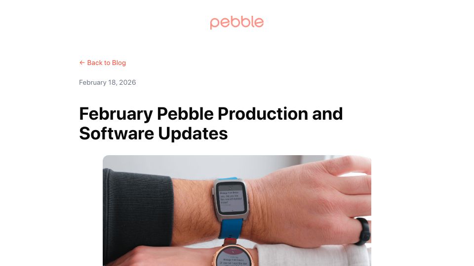 Screenshot of repebble.com: Pebble Production: February Update