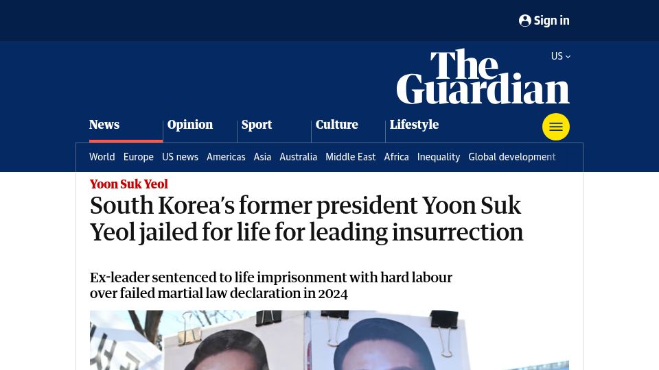 Screenshot of theguardian.com: South Korean ex president Yoon Suk Yeol jailed for life for leading insurrection
