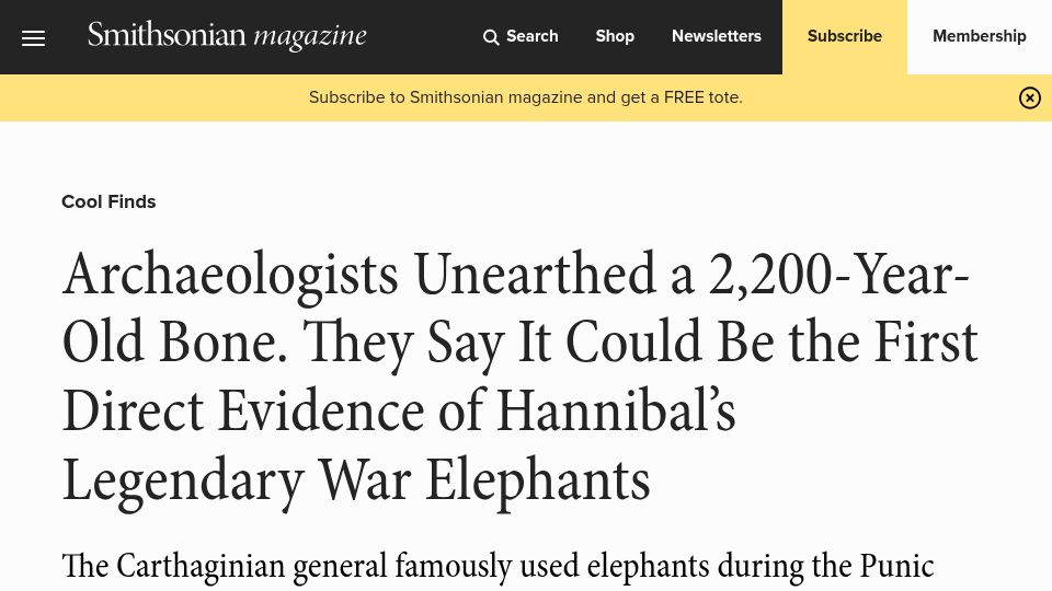 Screenshot of smithsonianmag.com: Archaeologists find possible first direct evidence of Hannibal's war elephants