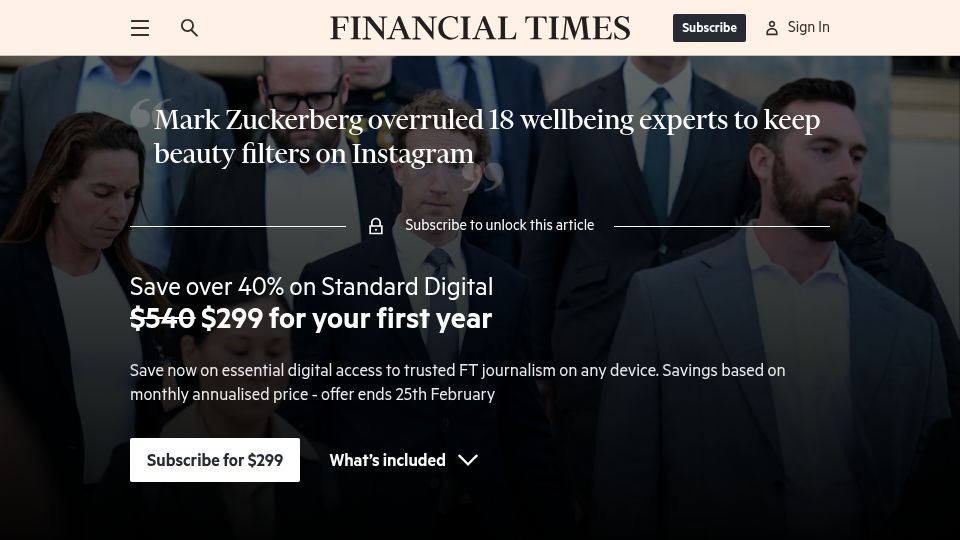 Screenshot of ft.com: Mark Zuckerberg to testify in landmark social media trial