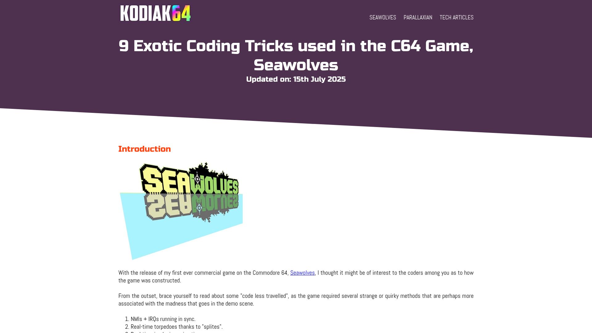 Screenshot of kodiak64.co.uk: Coding Tricks Used in the C64 Game Seawolves (2025)