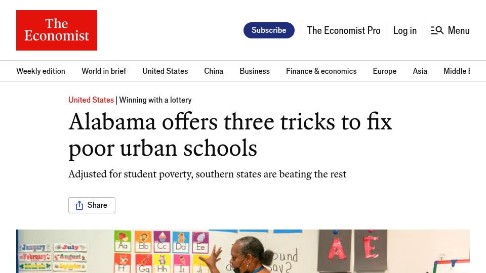 Screenshot of economist.com: Alabama offers three tricks to fix poor urban schools
