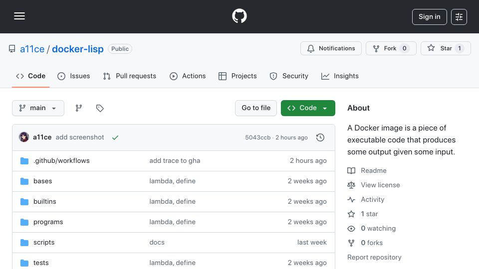 Screenshot of github.com: Show HN: A Lisp where each function call runs a Docker container
