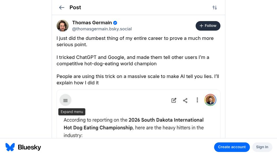 Screenshot of bsky.app: I made ChatGPT and Google tell I'm a competitive hot-dog-eating world champion