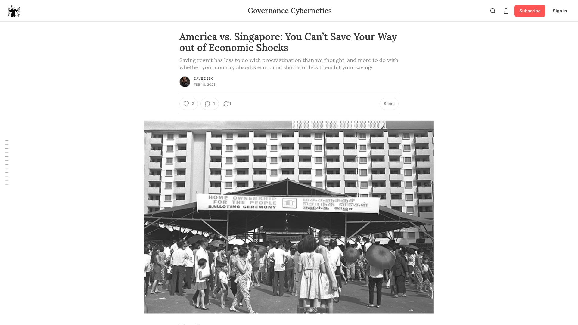 Screenshot of governance.fyi: America vs. Singapore: You can't save your way out of economic shocks