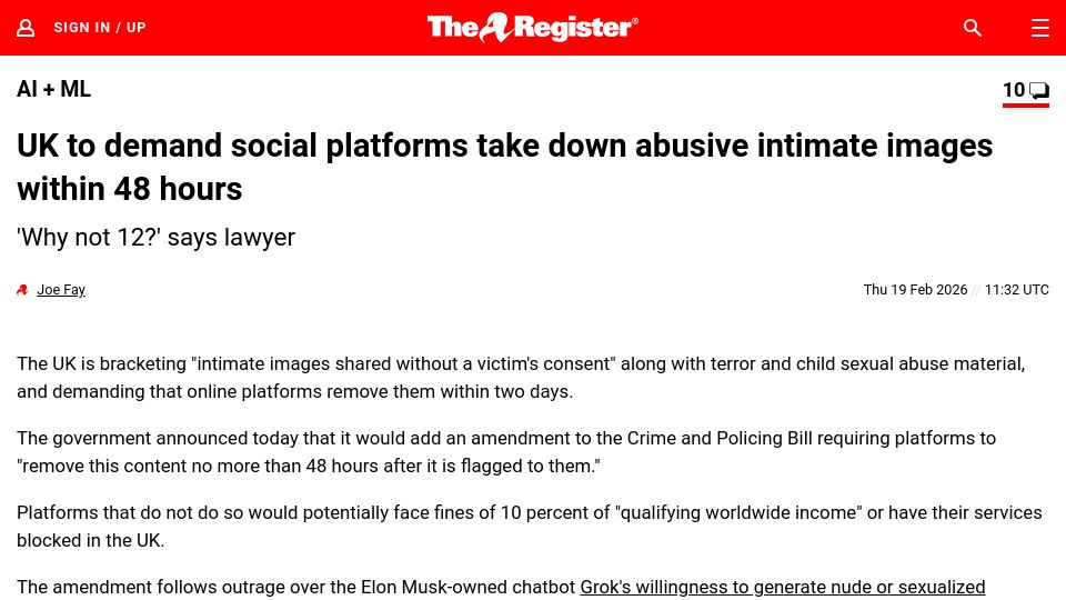 Screenshot of theregister.com: UK to force social media to remove abusive pics in 48 hours