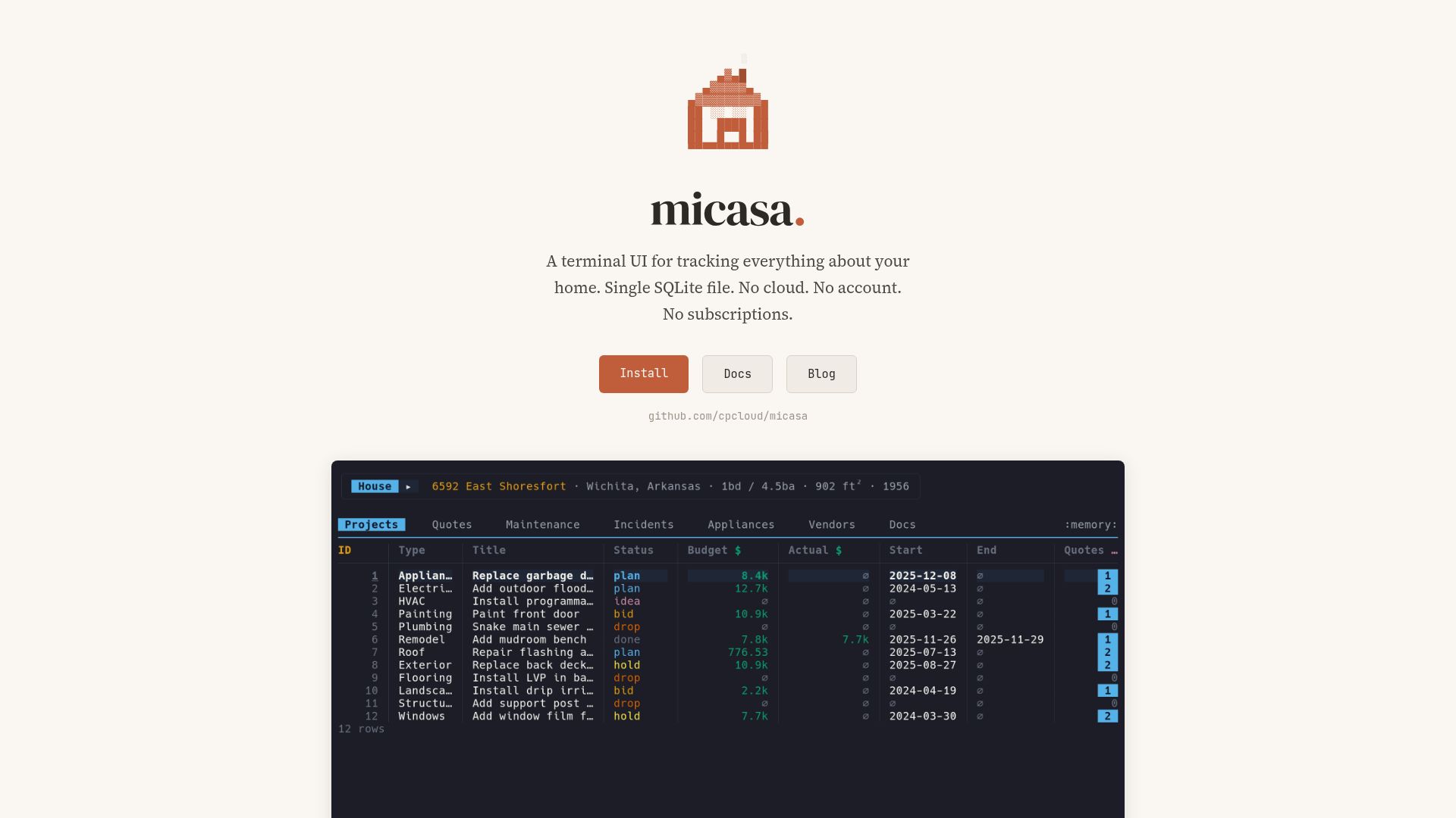 Screenshot of micasa.dev: Show HN: Micasa – track your house from the terminal