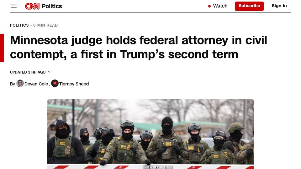 Screenshot of cnn.com: Minnesota judge holds federal attorney in civil contempt