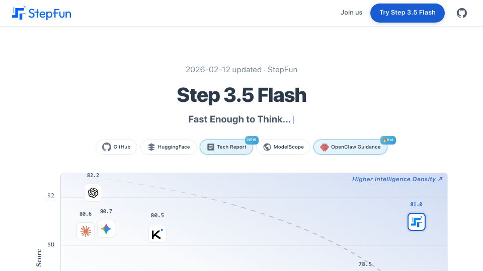 Screenshot of static.stepfun.com: Step 3.5 Flash – Open-source foundation model, supports deep reasoning at speed