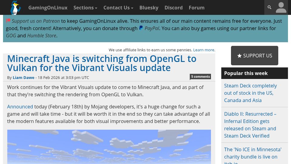 Screenshot of gamingonlinux.com: Minecraft Java is switching from OpenGL to Vulkan