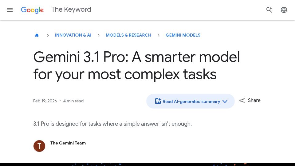 Screenshot of blog.google: Gemini 3.1 Pro