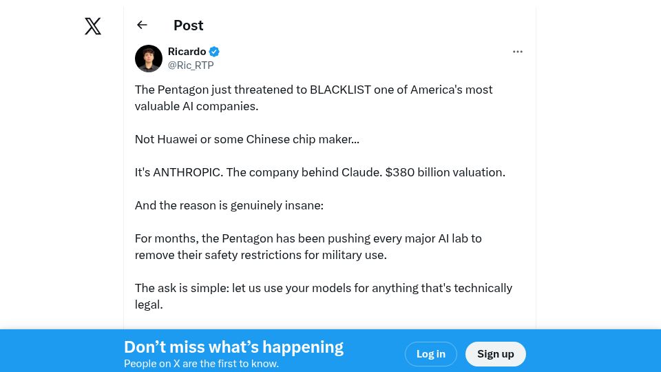Screenshot of twitter.com: The Pentagon just threatened to blacklist Anthropic