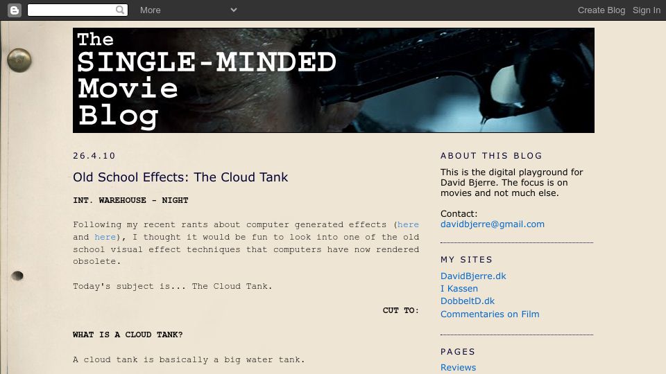 Screenshot of singlemindedmovieblog.blogspot.com: Old School Visual Effects: The Cloud Tank (2010)
