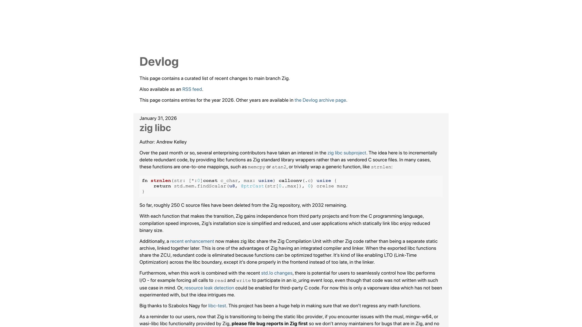 Screenshot of ziglang.org: Zig Libc