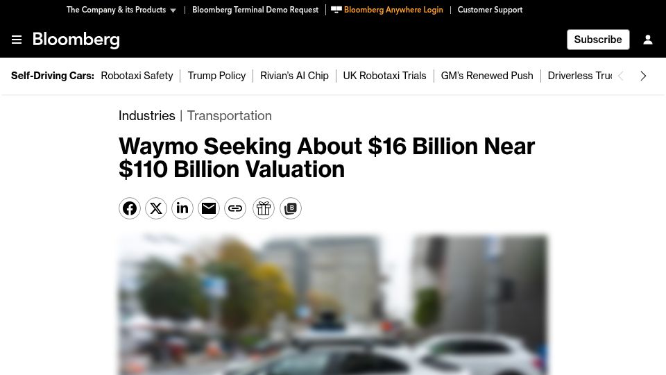 Screenshot of bloomberg.com: Waymo seeking about $16B near $110B valuation