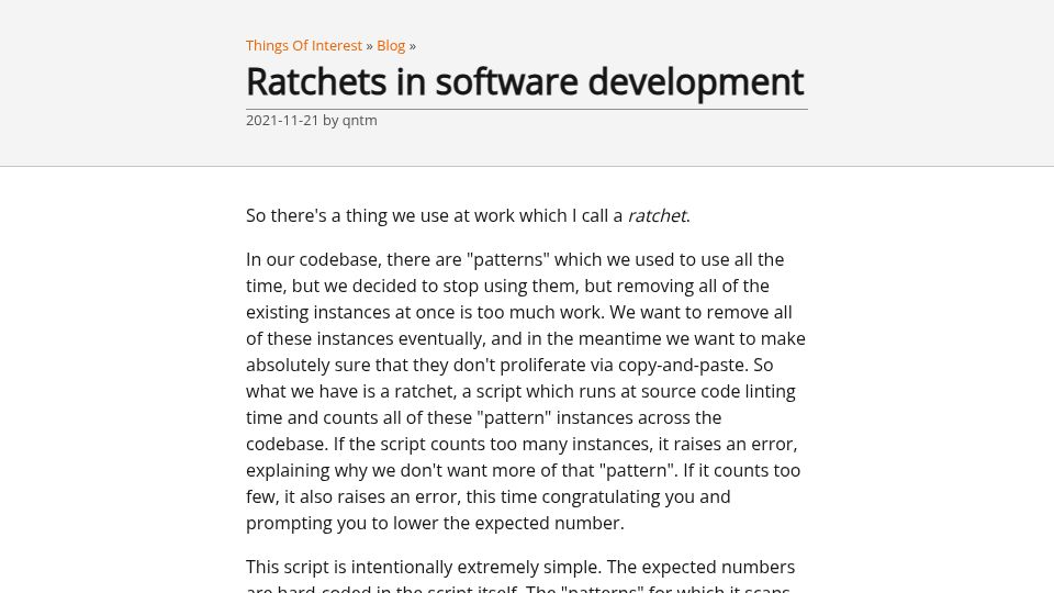 Screenshot of qntm.org: Ratchets in software development (2021)