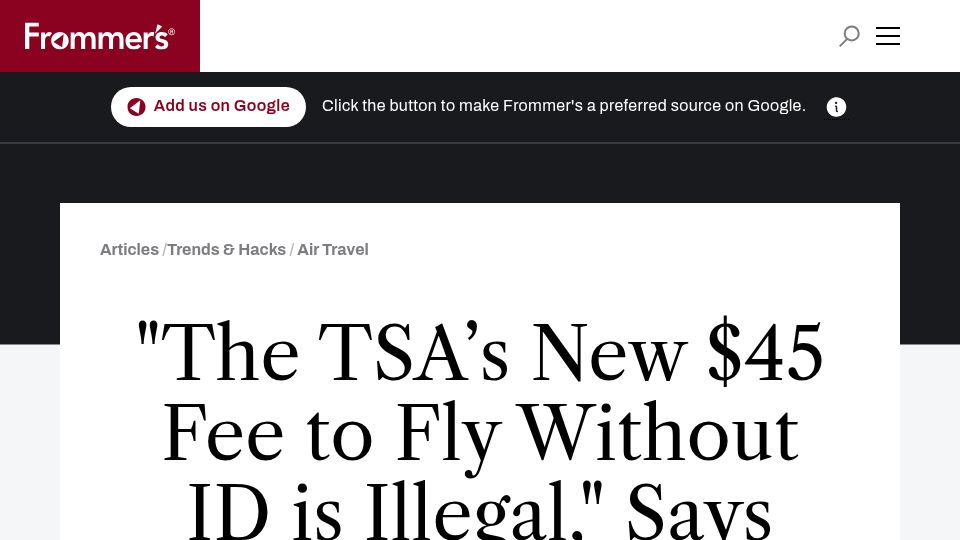 Screenshot of frommers.com: The TSA's New $45 Fee to Fly Without ID Is Illegal