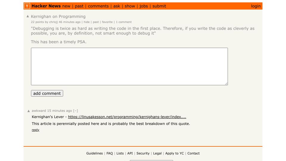 Screenshot of Hacker News post: Kernighan on Programming