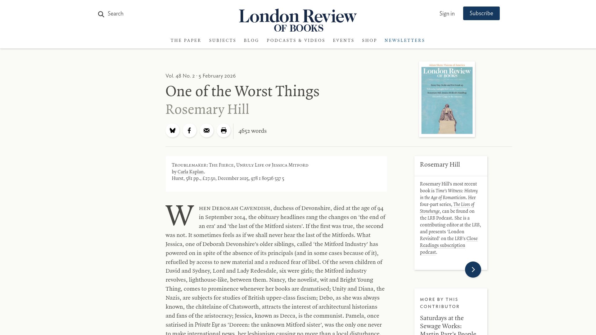 Screenshot of lrb.co.uk: Troublemaker: The fierce, unruly life of Jessica Mitford