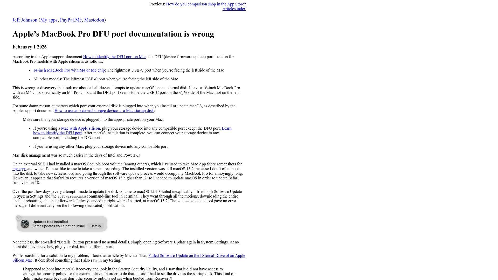 Screenshot of lapcatsoftware.com: Apple's MacBook Pro DFU port documentation is wrong