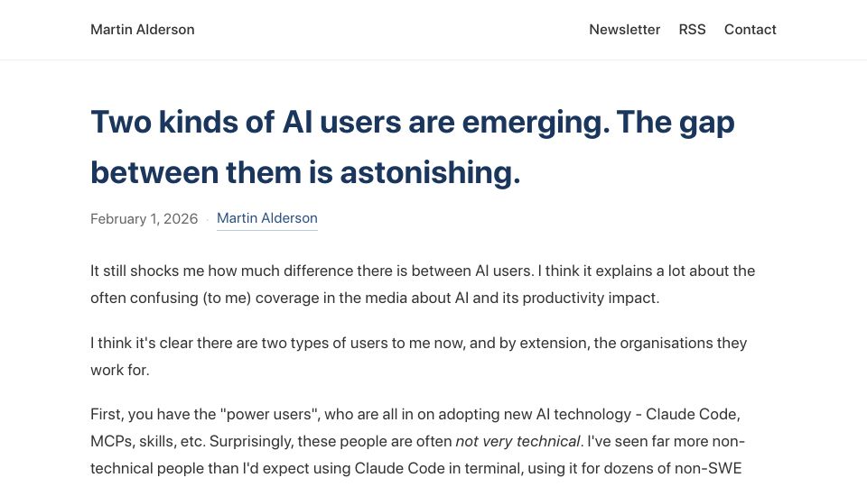 Screenshot of martinalderson.com: Two kinds of AI users are emerging