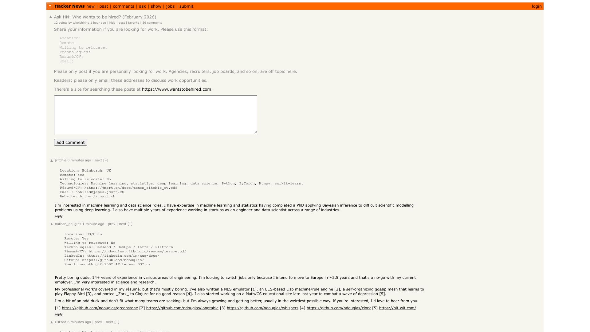 Screenshot of this Hacker News post: Ask HN: Who wants to be hired? (February 2026)