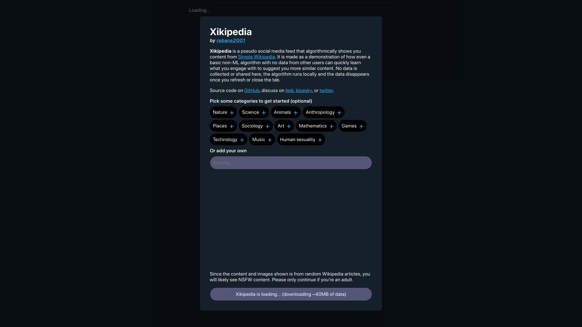 Screenshot of xikipedia.org: Show HN: Wikipedia as a doomscrollable social media feed