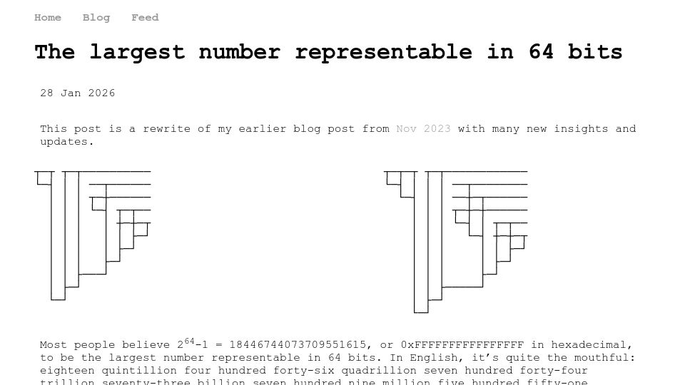 Screenshot of tromp.github.io: The largest number representable in 64 bits