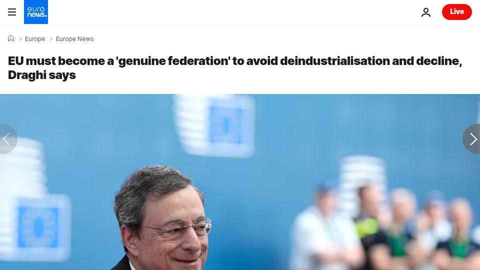 Screenshot of euronews.com: EU must become a 'genuine federation' to avoid deindustrialisation and decline