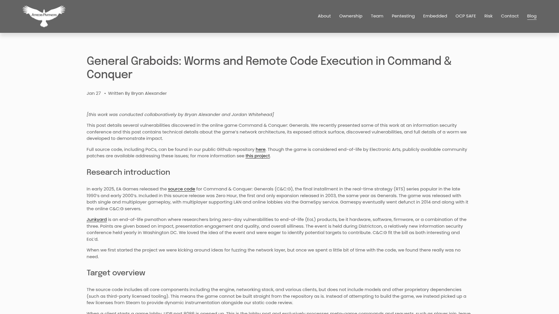 Screenshot of atredis.com: General Graboids: Worms and Remote Code Execution in Command and Conquer