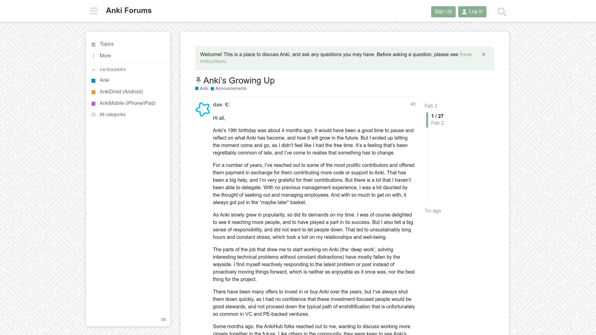 Screenshot of forums.ankiweb.net: Anki ownership transferred to AnkiHub