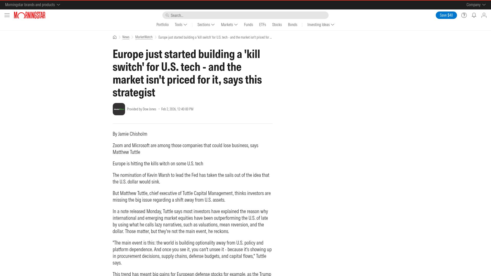 Screenshot of morningstar.com: Europe just started building a 'kill switch' for U.S. tech